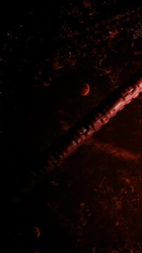 Light shines on a textured surface, revealing patterns in dark surroundings. A small orange object appears nearby, adding a contrast to the scene. The environment looks intriguing.