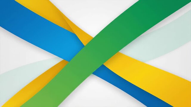 A vibrant and dynamic abstract design featuring intersecting colorful ribbons on a white background, conveying a sense of movement and energy.