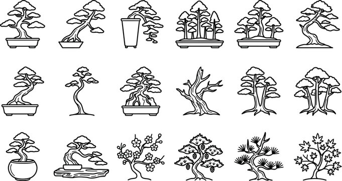 Collection of hand drawn bonsai tree sketches in various styles.