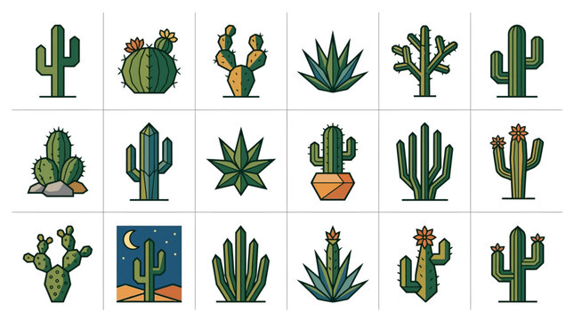 Collection of various desert cactus and succulent plant icons.