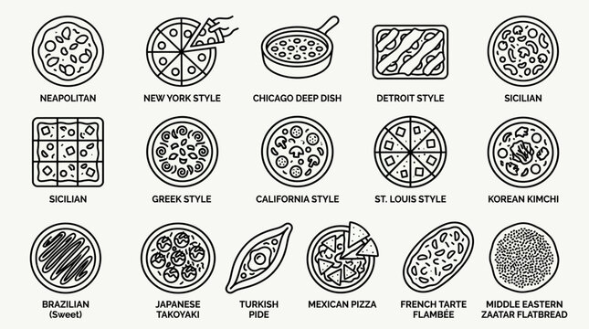 Collection of various global pizza styles and flatbread icons.