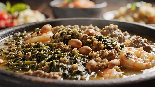 Delicious Brazilian Feijoada with Shrimp and Greens.