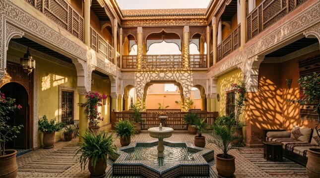 Ornate Moroccan Riads Courtyard With Traditional Islamic Architecture And Central Fountain