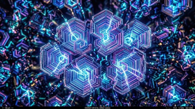 Intricate Geometric Snowflake Crystal Formation With Electric Blue and Purple Luminescence