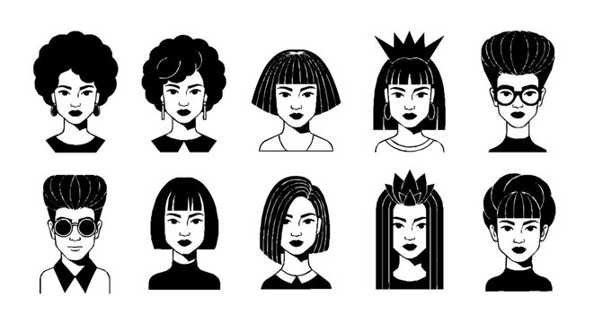 diverse female vector avatars showcasing unique hairstyles and beauty illustrating modern character design and individual style.