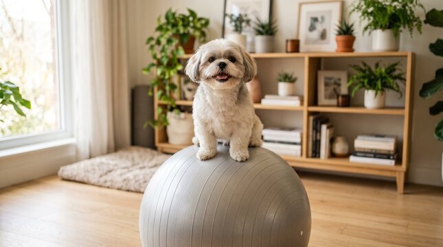 Cute shih tzu dog sitting on a yoga ball in a bright living room with plants