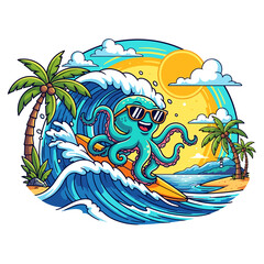 Cartoon Octopus Surfer Riding Large Ocean Wave Tropical Beach Summer Illustration © bima