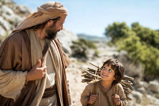 Abraham and Isaac Ascend Mount Moriah: Father and Son's Journey of Faith and Obedience for Divine Sacrifice