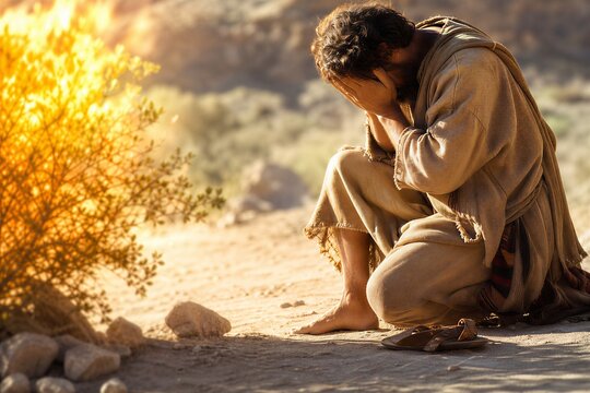 Moses Kneels in Awe, Removing His Sandals Before the Miraculous Burning Bush, Receiving Divine Revelation in the Desert.