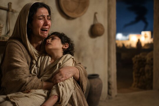The Tenth Plague: An Egyptian Mother Grieves Her Firstborn, While Israelite Homes Marked with Blood are Divinely Protected.