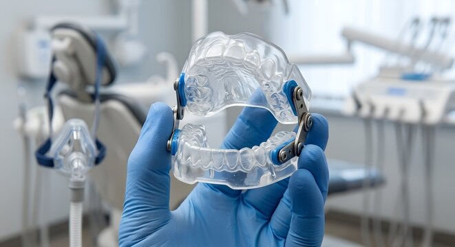 Dentist holding a clear plastic dental splint or occlusal guard, representing treatment for teeth grinding bruxism and sleep apnea management