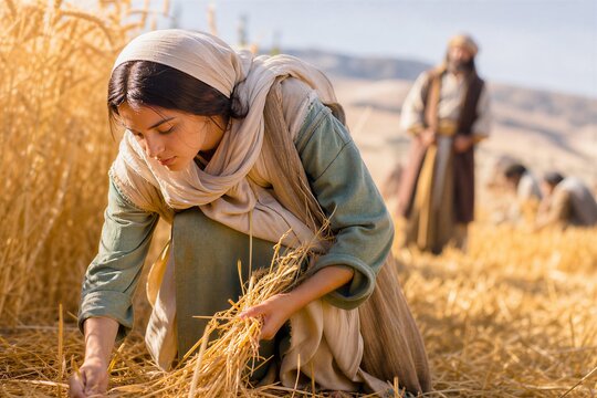 Ruth Diligently Gleaning Fallen Barley in Golden Field at Sunset, Boaz Observes Her from Afar, a Scene of Biblical Providence.