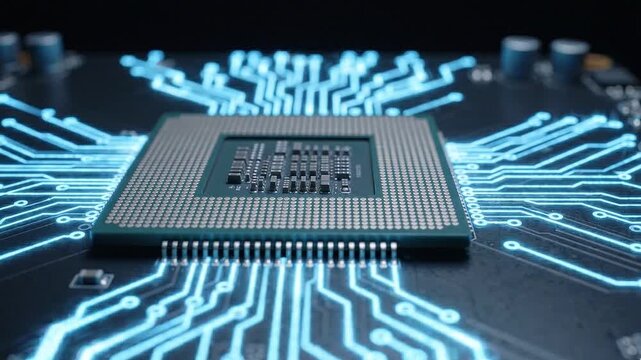 Computer processor chip with visible pins mounted on a dark circuit board with glowing blue lines