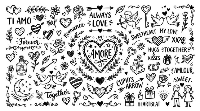 Hand drawn valentines day doodles set