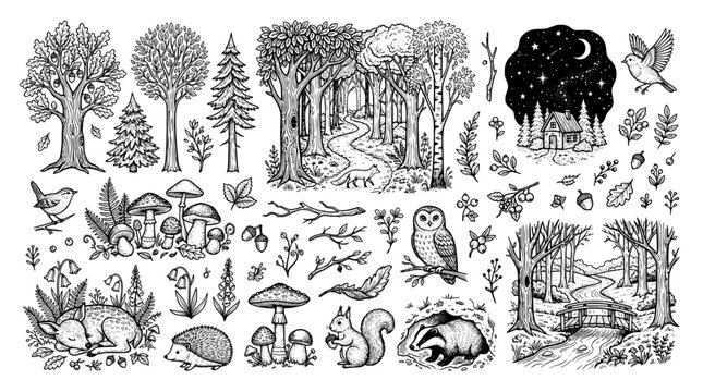 Forest elements set with animals, trees, mushrooms and landscape scenes