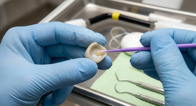 Professional dentist preparing a dental crown for precise installation and cementation on a patient's tooth, showing resin cement bonding procedure in a modern clinic for high-quality dental care