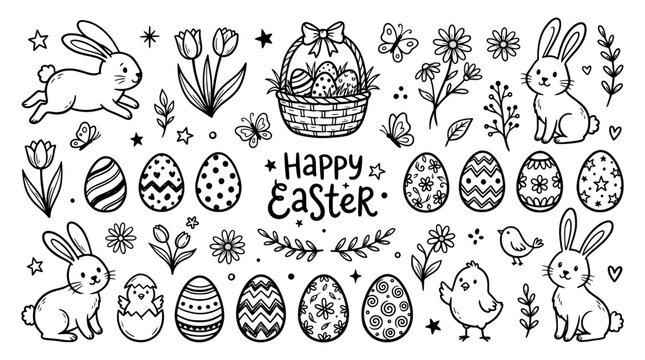 Happy easter doodle set with cute bunnies, eggs, flowers and butterflies