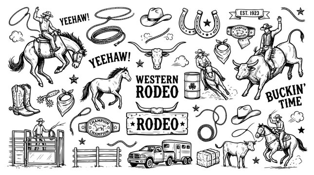 Western rodeo elements set with cowboy riding horse and bull, lasso, hat