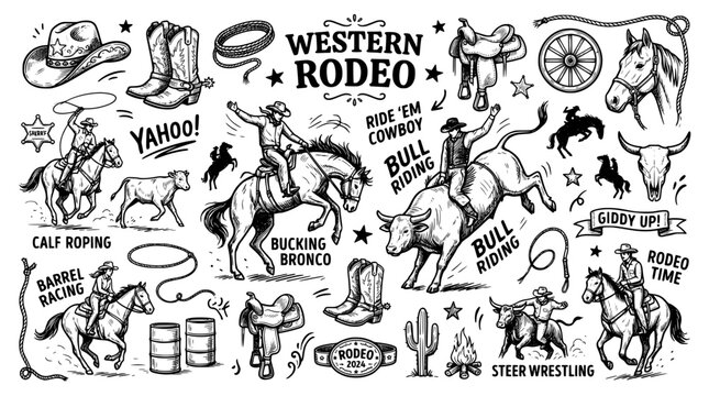 Western rodeo hand drawn set with cowboy, bull riding and horse riding