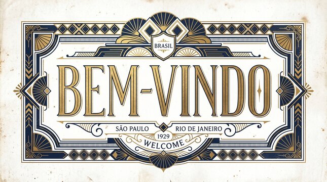Vintage Brazilian welcome sign with ornate gold and blue design