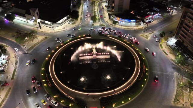 Night aerial view of La Minerva roundabout and illuminated fountain in Guadalajara, Jalisco, Mexico