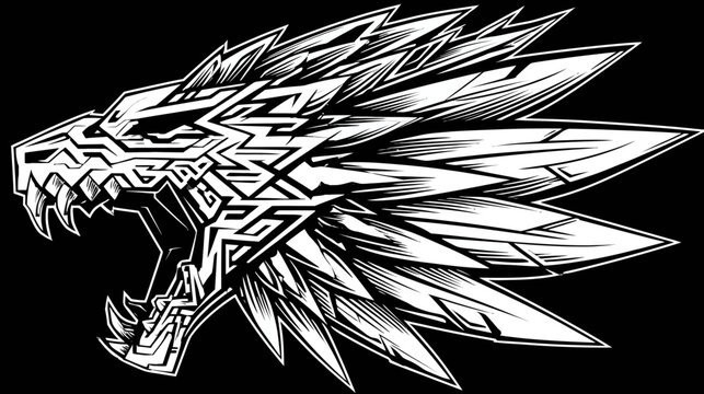 Aggressive feathered dragon head Aztec style illustration.