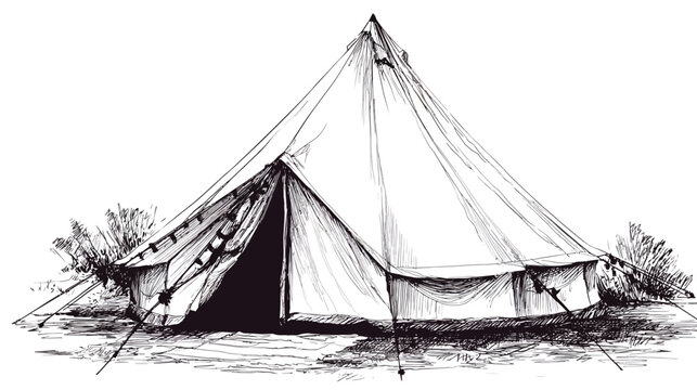 Detailed bell tent sketch in black ink style.