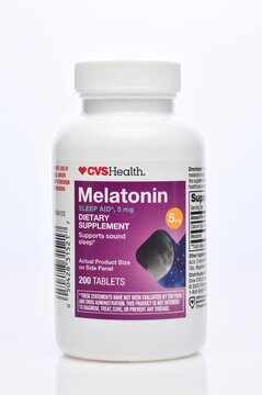 IRVINE, CALIFORNIA - 21 MAY 2026: An bottle of CVS Health Melatonin Sleep Aid Dietary Supplement.