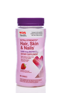 IRVINE, CALIFORNIA - 21 MAY 2026: An 80 Gummy bottle of CVS Health Extra Strength Hair, Skin and Nails Dietary Supplement.