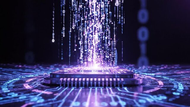 Futuristic microchip with vertical digital data stream and glowing light particles