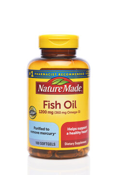 IRVINE, CALIFORNIA - 21 MAY 2026: An bottle of Nature Made Fish Oil soft gels Dietary Supplement.