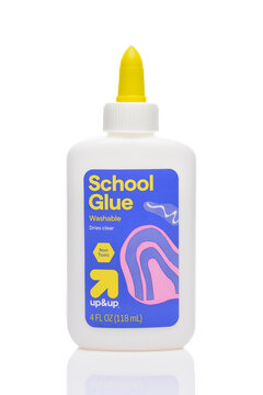 IRVINE, CALIFORNIA - 21 MAY 2026: A bottle of Up and Up School Glue, a private label product from Target.