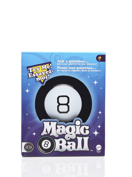 IRVINE, CALIFORNIA - 22 MAY 2026: The Magic 8 Ball toy is a plastic sphere, made to look like an oversized eight ball, that is used for fortune telling or seeking advice.