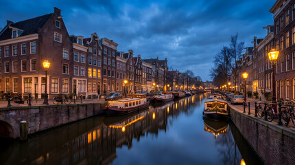Obraz premium Amsterdam canals at dusk, a picturesque cityscape with historic Dutch architecture and reflections on the water, capturing the essence of European travel and urban charm