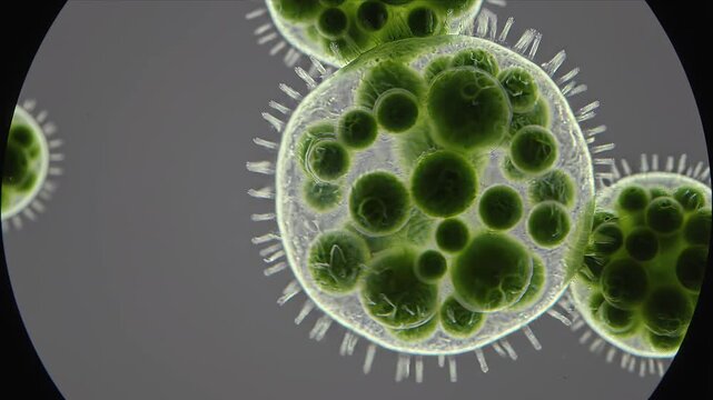 Microscopic View of Green Algae Organisms with Cilia
