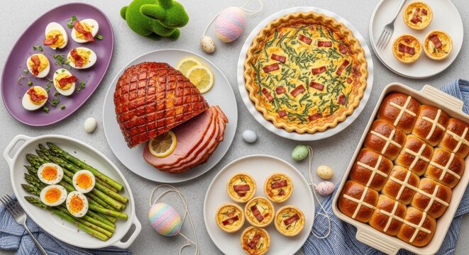 A festive Easter brunch spread featuring glazed ham, quiche, and mini tarts, ready for celebration.