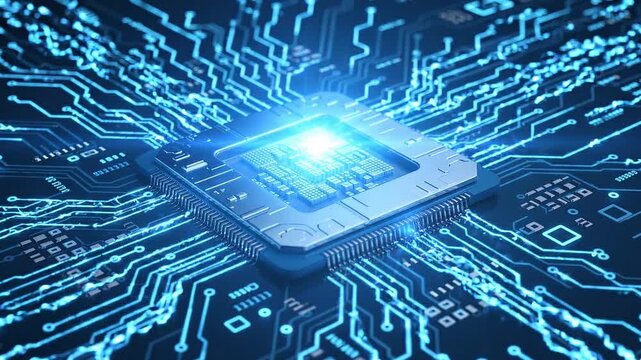 Futuristic computer processor chip with glowing light effects on a complex blue circuit board background