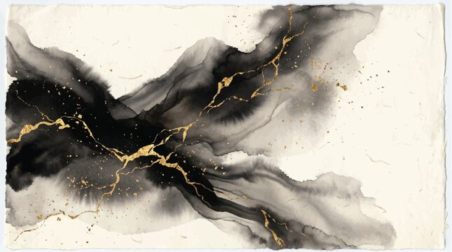 Paper Abstract Black & Gold Ink Flow on Textured Paper wit Minimal Fluid Art Backgrounder texture