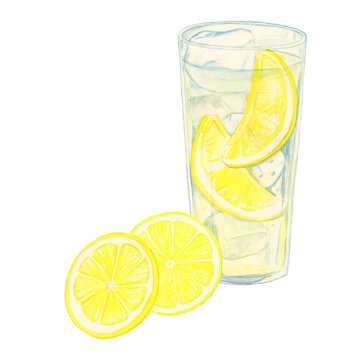Hand-painted Watercolor Lemon Sour with Lemon Slice Illustration / レモンスライス付き手描き水彩レモンサワーイラスト