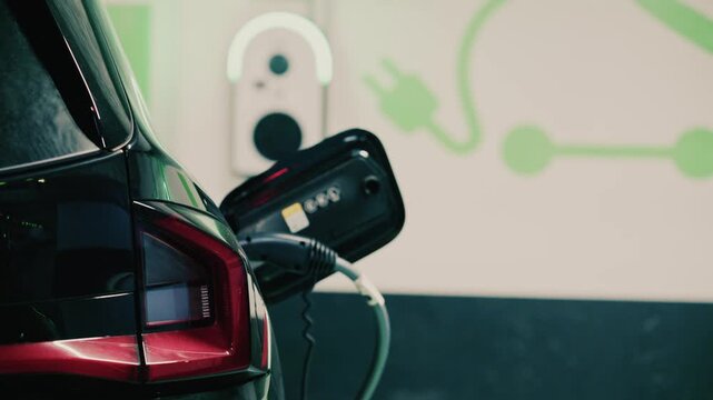 Electric vehicle plugged into charging station for renewable energy power supply.