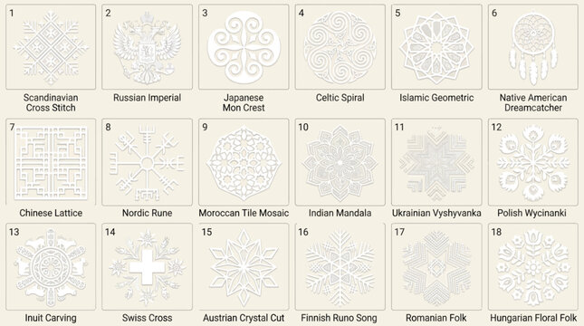 Set of 18 Traditional Cultural Embroidery and Folk Pattern Designs.