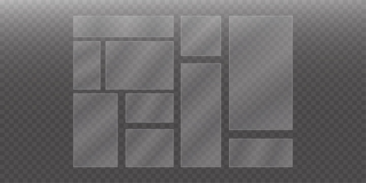 Realistic glass effect frames collection transparent rectangular panels for digital mockups and graphic design.