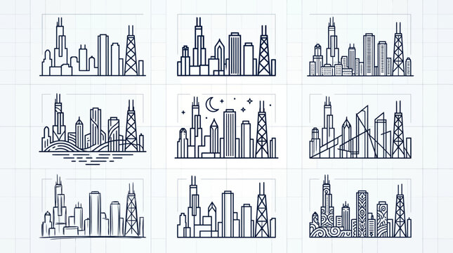 Set of Chicago skyline hand drawn linear icons.