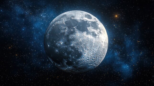 A detailed depiction of the lunar surface with craters and shadows against a backdrop of twinkling stars