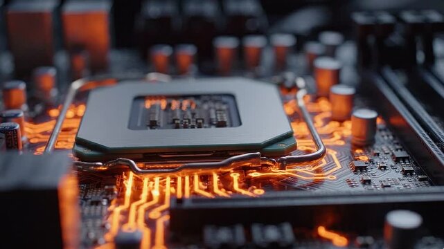 Computer motherboard with glowing orange circuit pathways and cpu