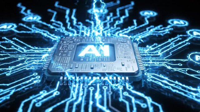 Ai processor chip with glowing blue digital circuitry and lightning effects