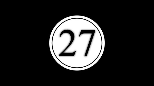 Minimal glowing number 27 icon animation inside a circular frame on dark background. Clean monochrome design representing countdown, ranking, first position, winner concept,