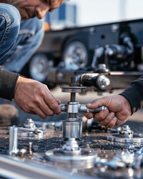 Medium shot of a technician mounting singlespeed landing gear on a trailer front focusing on precise alignment and secure attachment for stable support.
