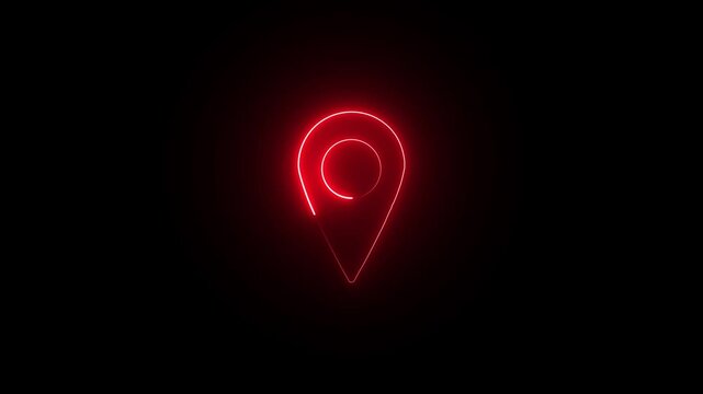 Abstract location glowing neon icon fast tracking map pin icon animation on black background.digital navigation location pin futuristic neon.4k