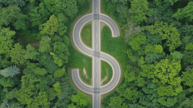 Aerial view of a dollar sign shaped road winding through a lush green forest. Conceptual illustration of green economy, sustainable finance, environmental investment and profitable eco business.